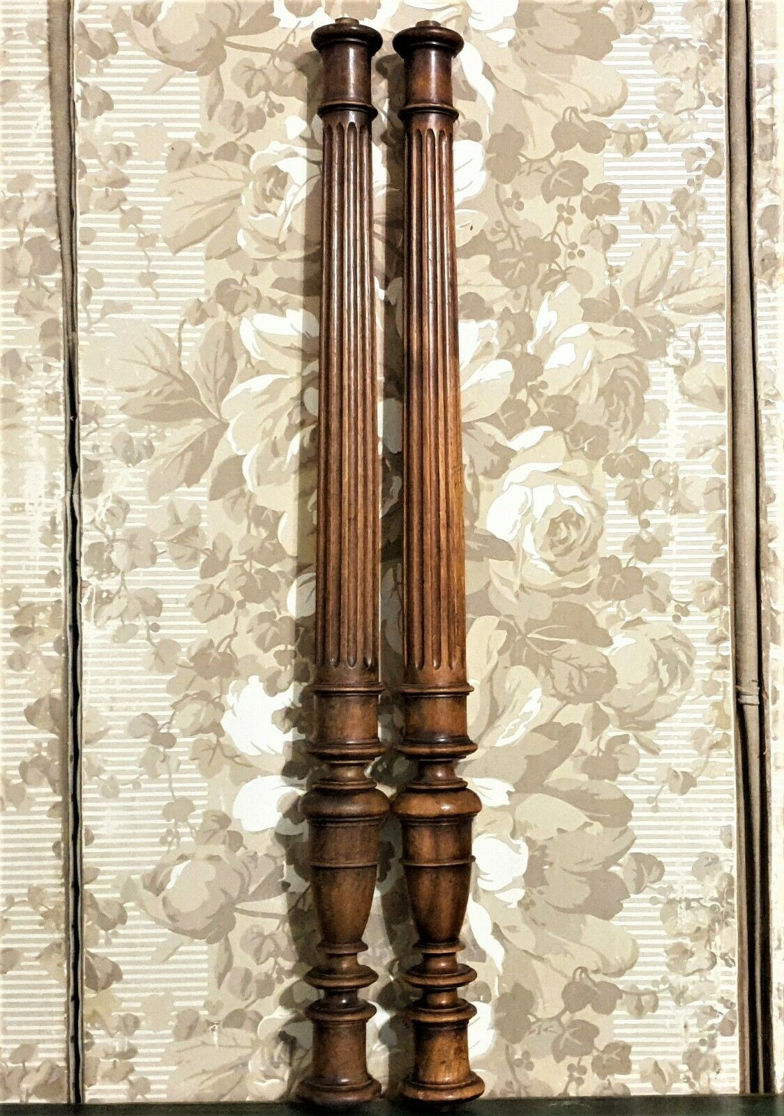 Pair Baluster Groove Wood Turning Column Antique French Architectural Salvage